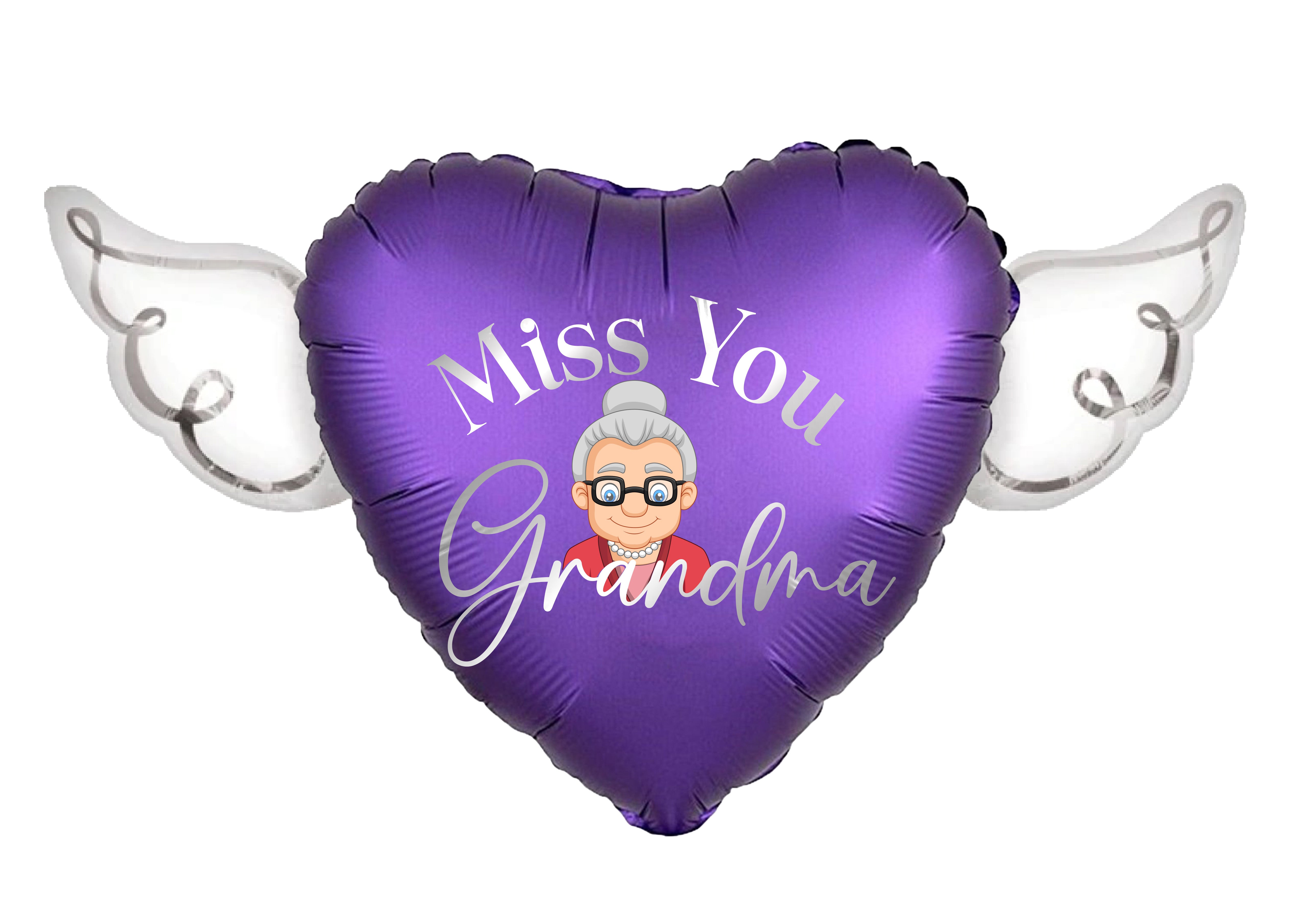 Miss You Grandma Memorial Balloon – Heart Shaped with Angel Wings Graveside Tribute