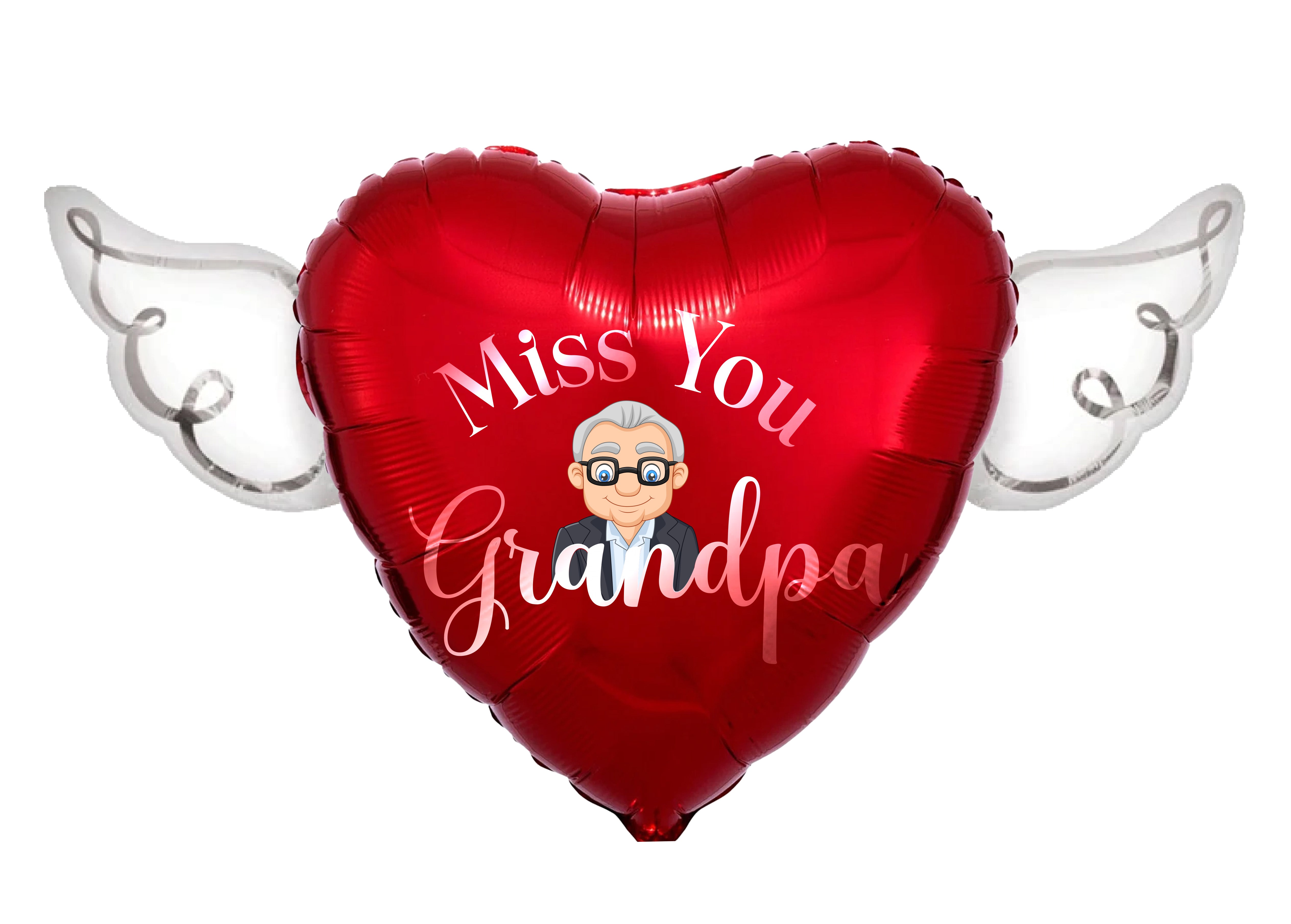 Miss You Grandpa Memorial Balloon – Heart Shaped with Angel Wings Graveside Tribute