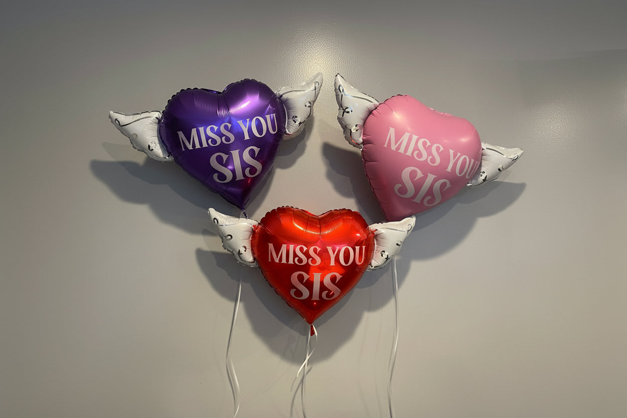 Miss You Sis Memorial Balloon with Angel Wings – Graveside Tribute for Sister