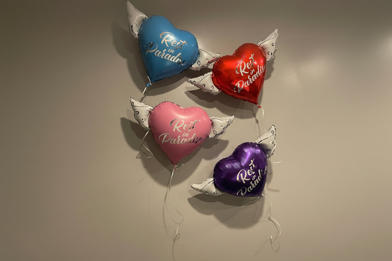 Rest In Paradise Memorial Balloon – 17" Heart with Angel Wings