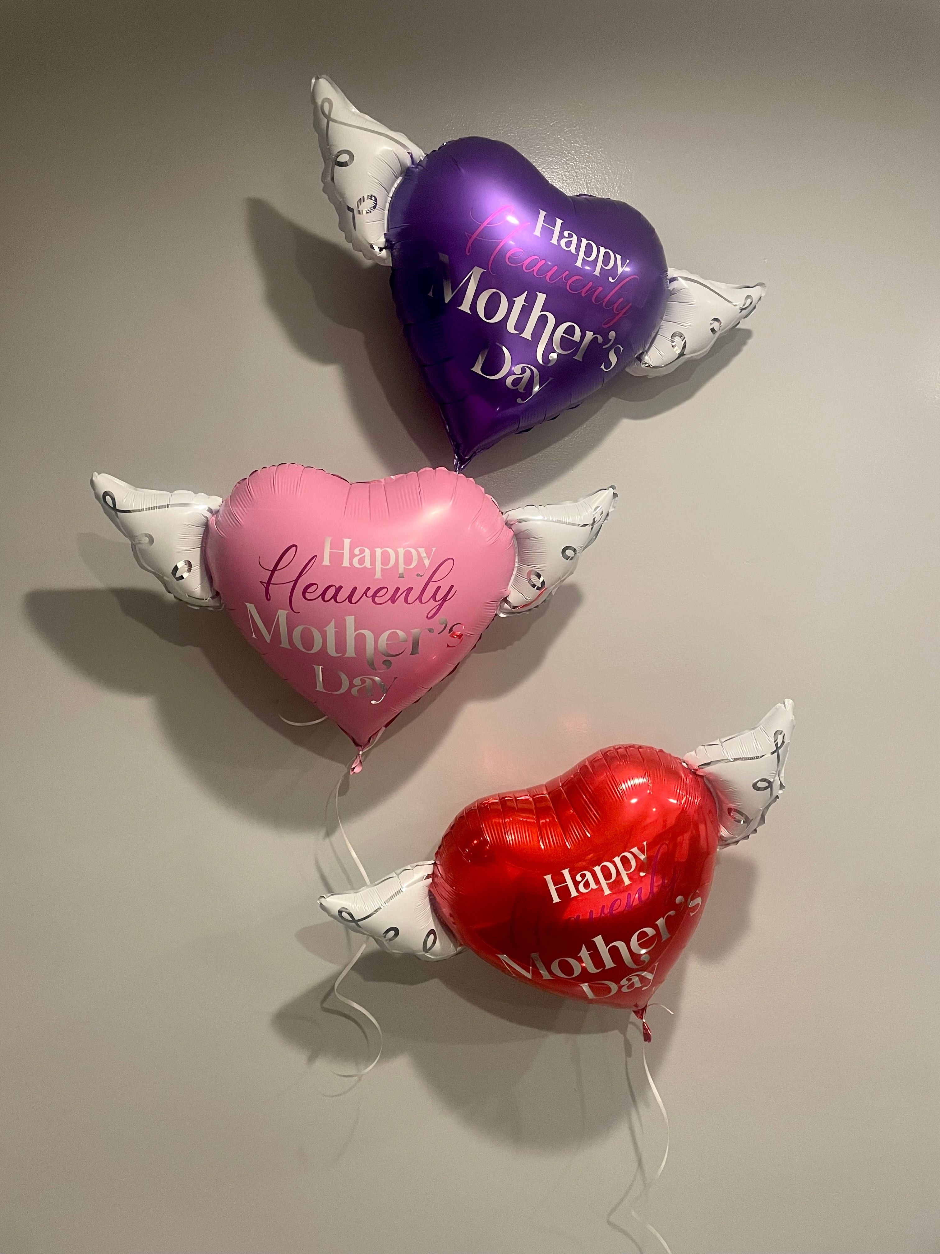 Happy Heavenly Mother's Day Balloons Heart Shaped with angel wings (Red, Purple & Pink)