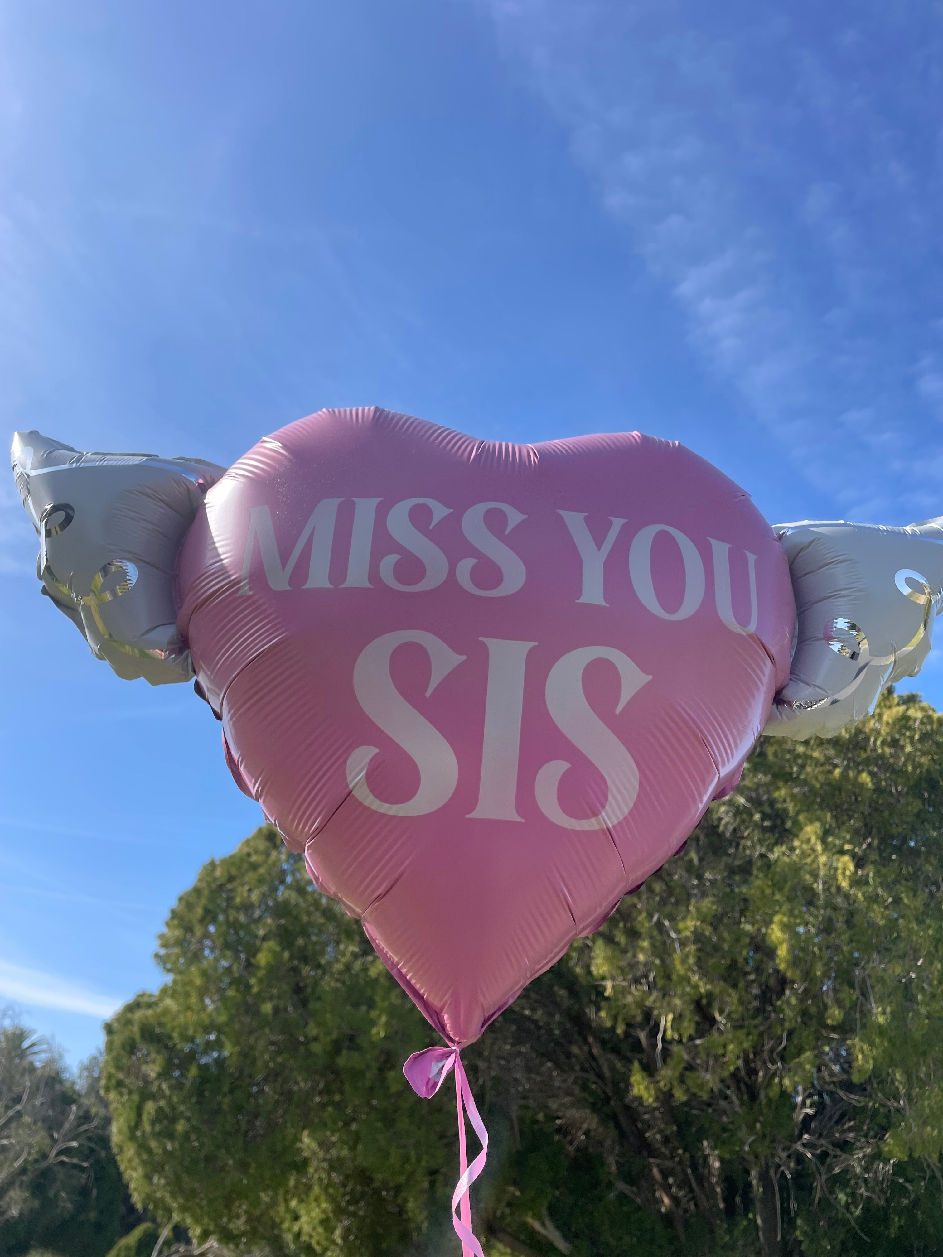 Miss You Sis Heavenly Balloons ™ Heart Shaped with angel wings (Pink)