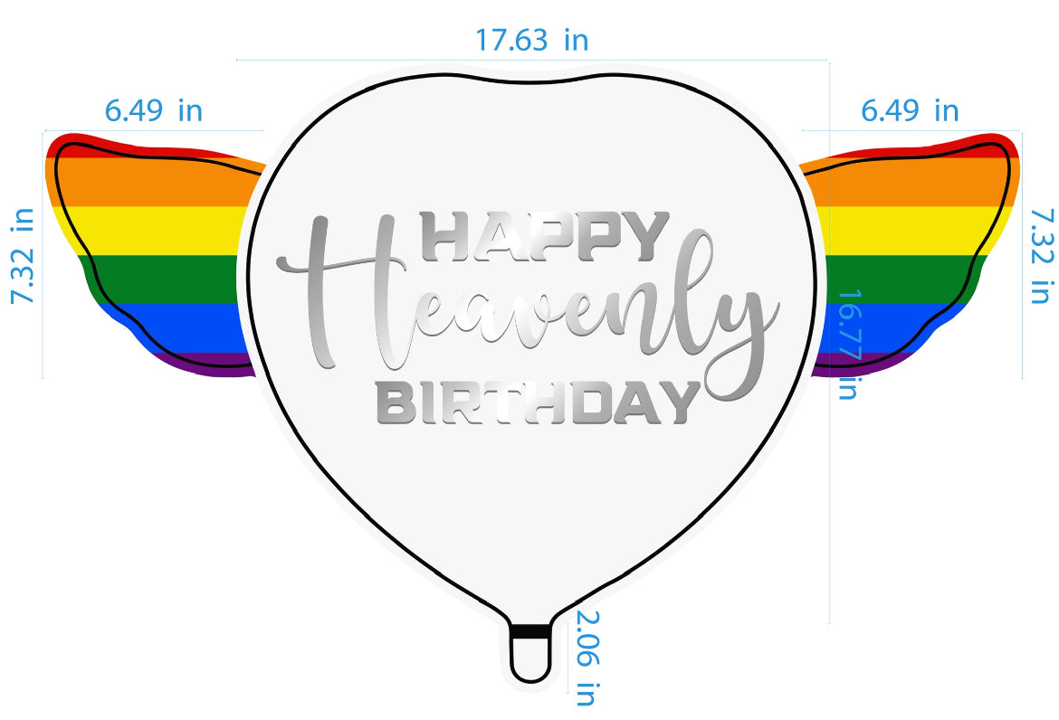 LGBTQ Happy Heavenly Birthday Heart Shaped Balloons with colorful angel wings with the word "Heavenly" in silver dimensions