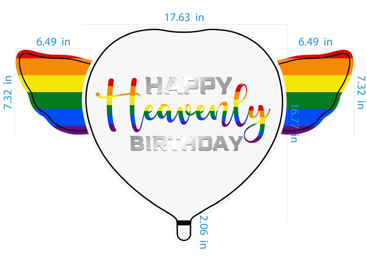 LGBTQ Happy Heavenly Birthday Heart Shaped Balloons with angel wings "Heavenly Colorful" dimensions