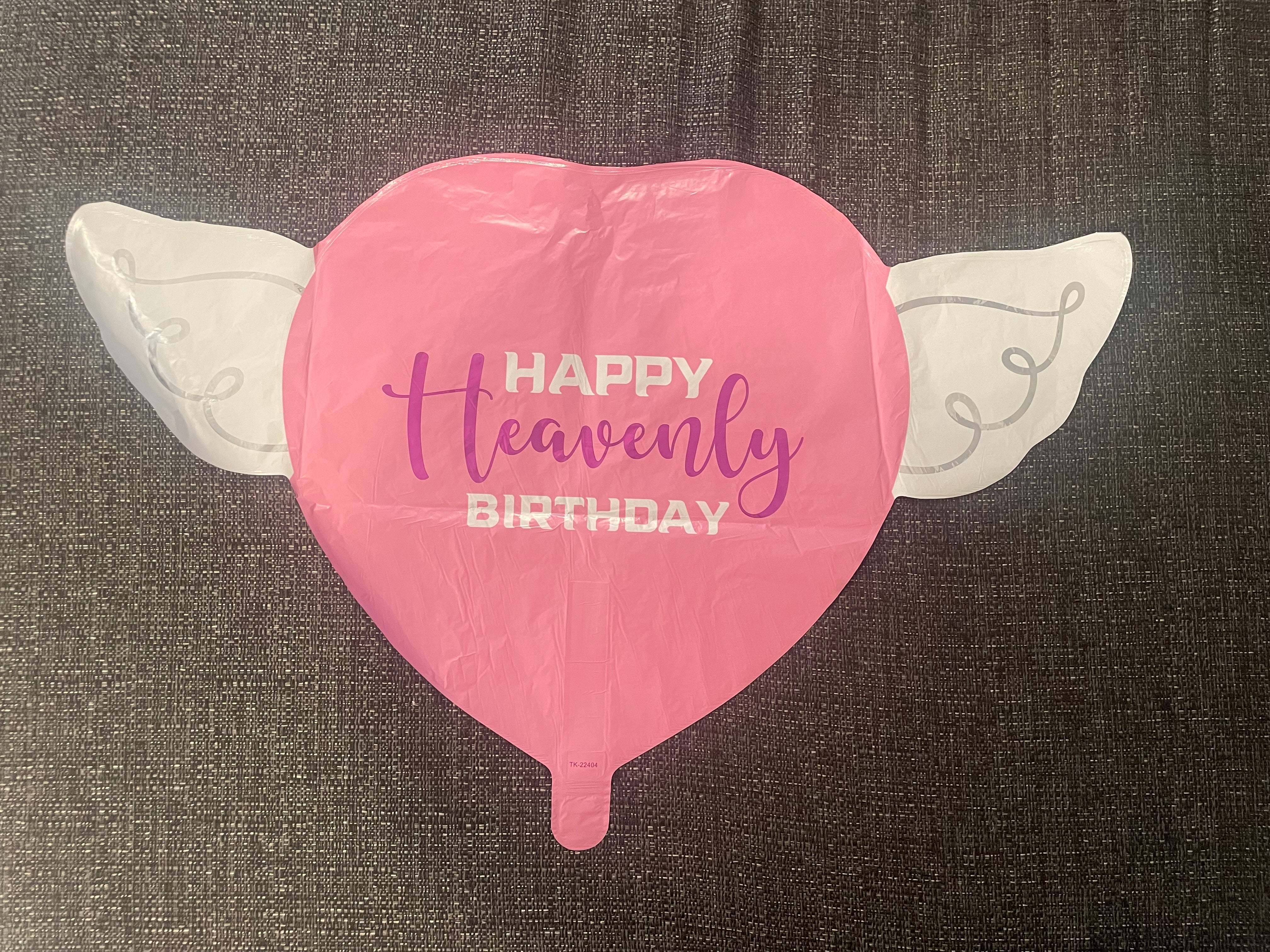 Happy Heavenly Birthday Heart Shaped Balloons with angel wings