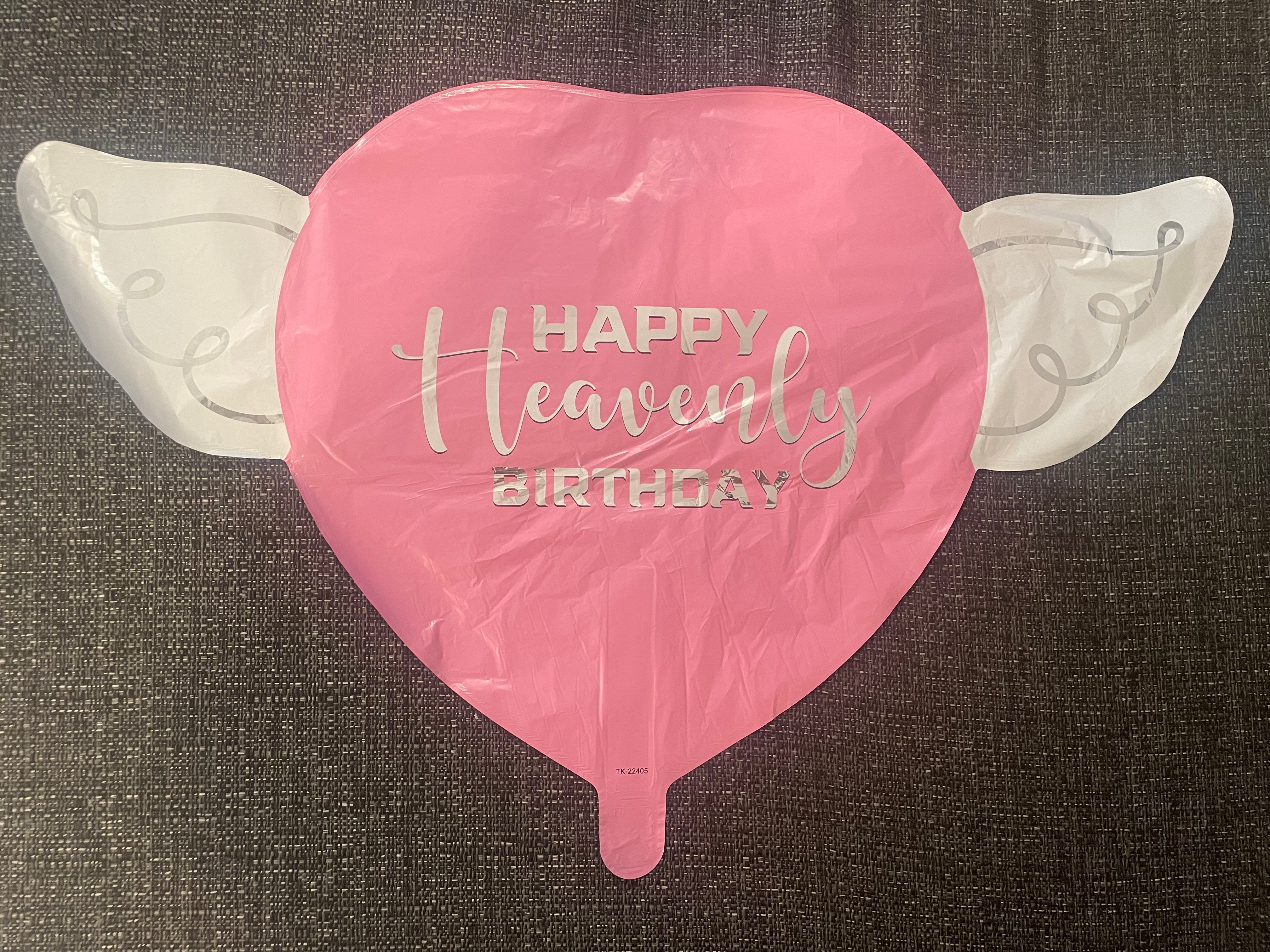 Heart-Shaped Pink Happy Heavenly Birthday Balloon with white angel wings