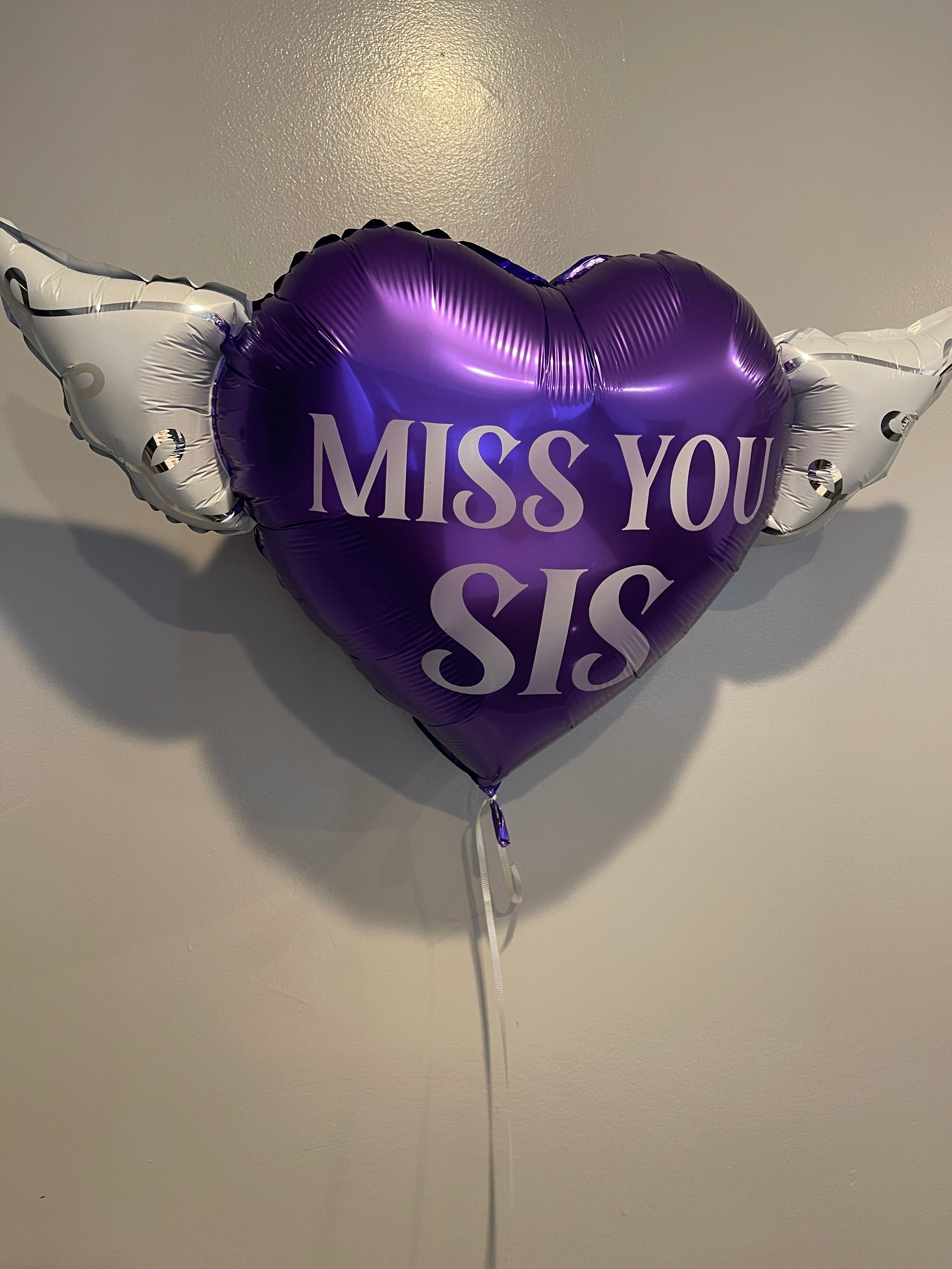 Miss You Sis Heavenly Balloons ™ Heart Shaped with angel wings (Purple)