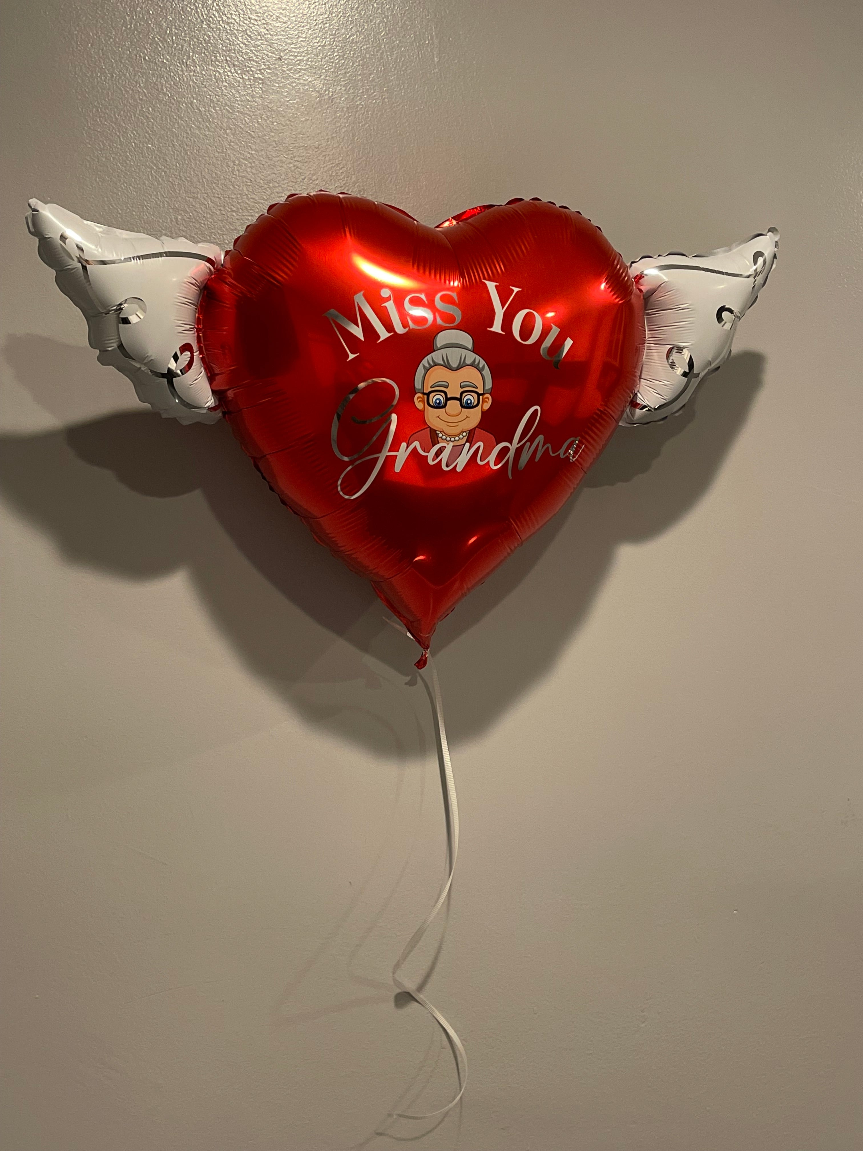 Miss You Grandma Heavenly Balloons Heart Shaped with angel wings (Red)