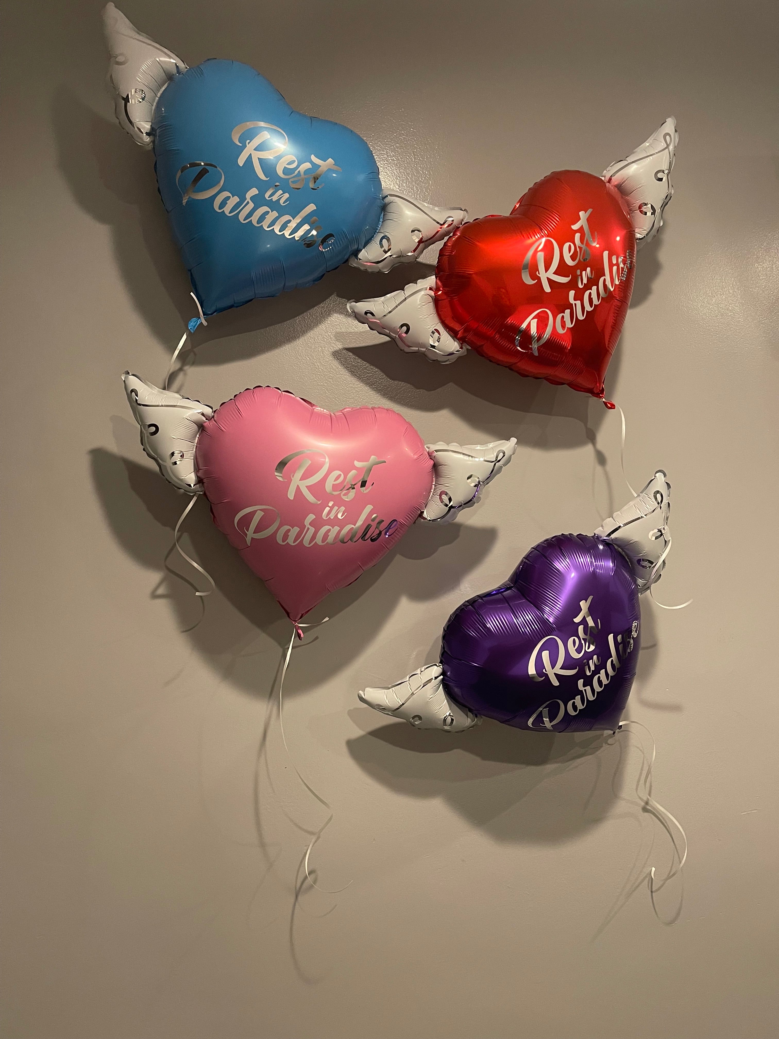 Rest In Paradise Heavenly Balloons ™ Heart Shaped with angel wings (Red, Blue, Pink & Purple)