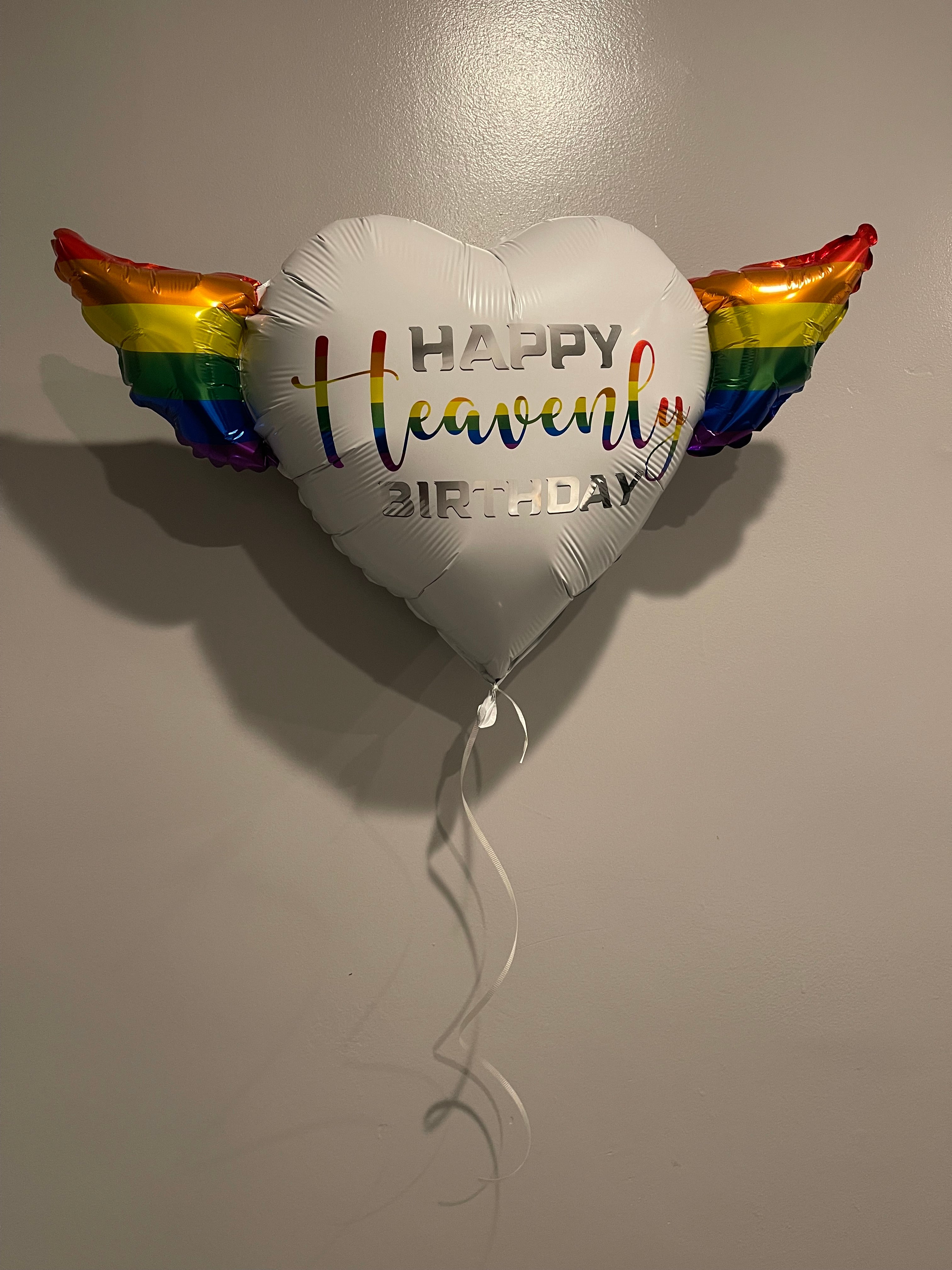 LGBTQ Happy Heavenly Birthday Heart Shaped Balloons with angel wings "Heavenly Colorful"