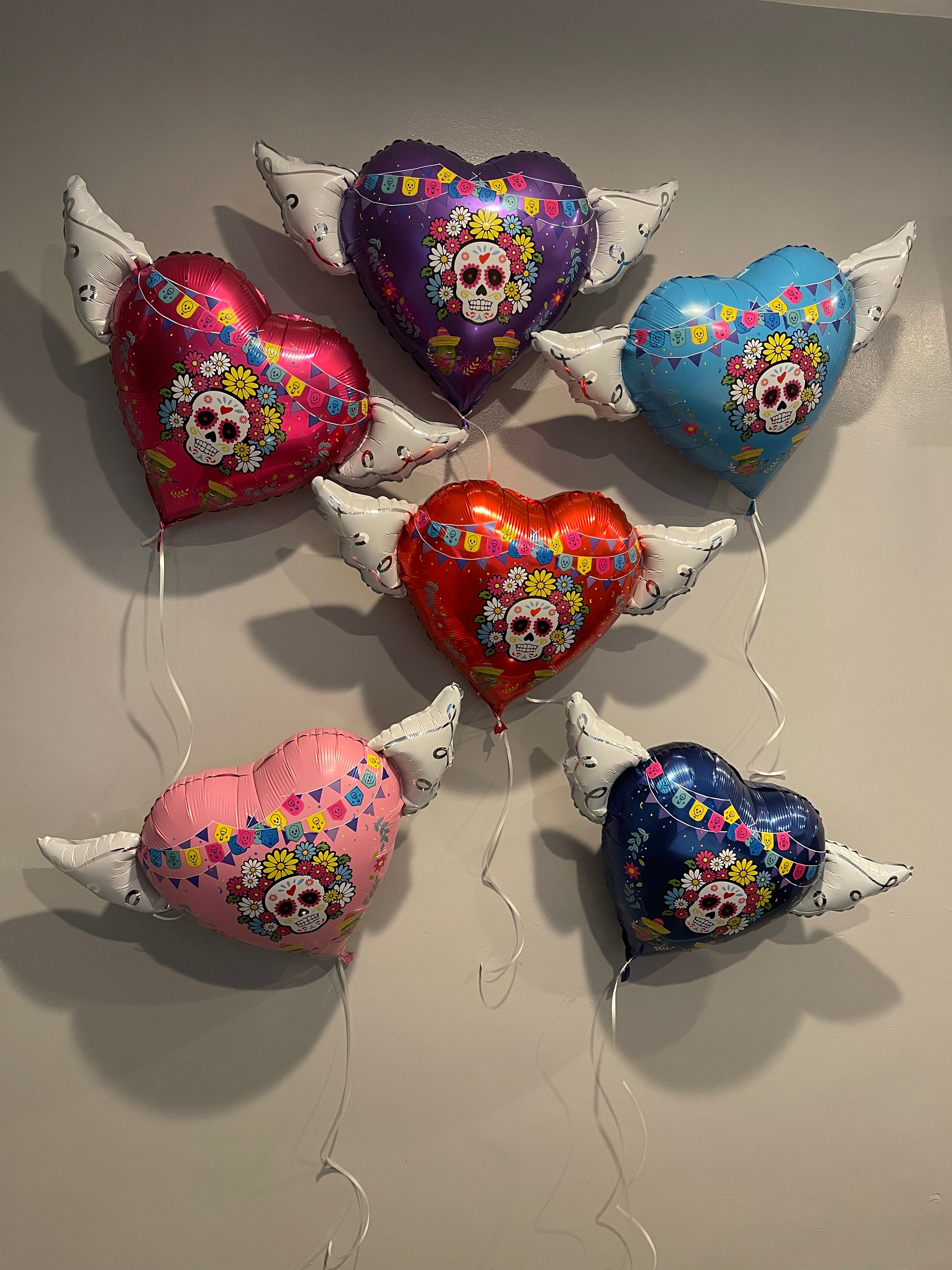Halloween Day of the Dead Día de los Muertos Heavenly Balloons ™ Heart Shaped with angel wings (Red, Pink, Dark Blue, Light Blue, Purple & Velvet)