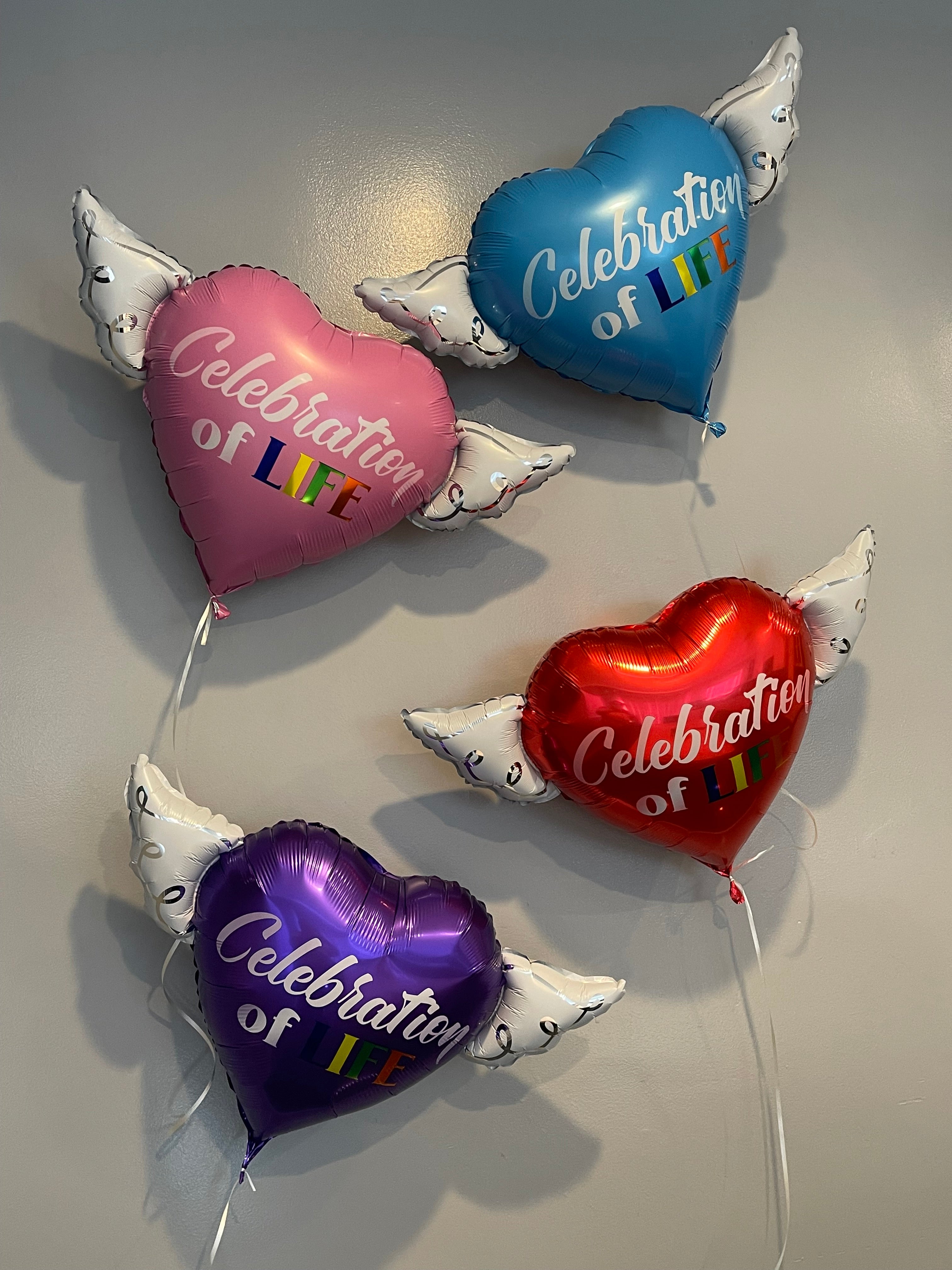 Celebration of LIFE Heavenly Balloons ™ Heart Shaped with angel wings (Pink, Blue, Purple & Red)