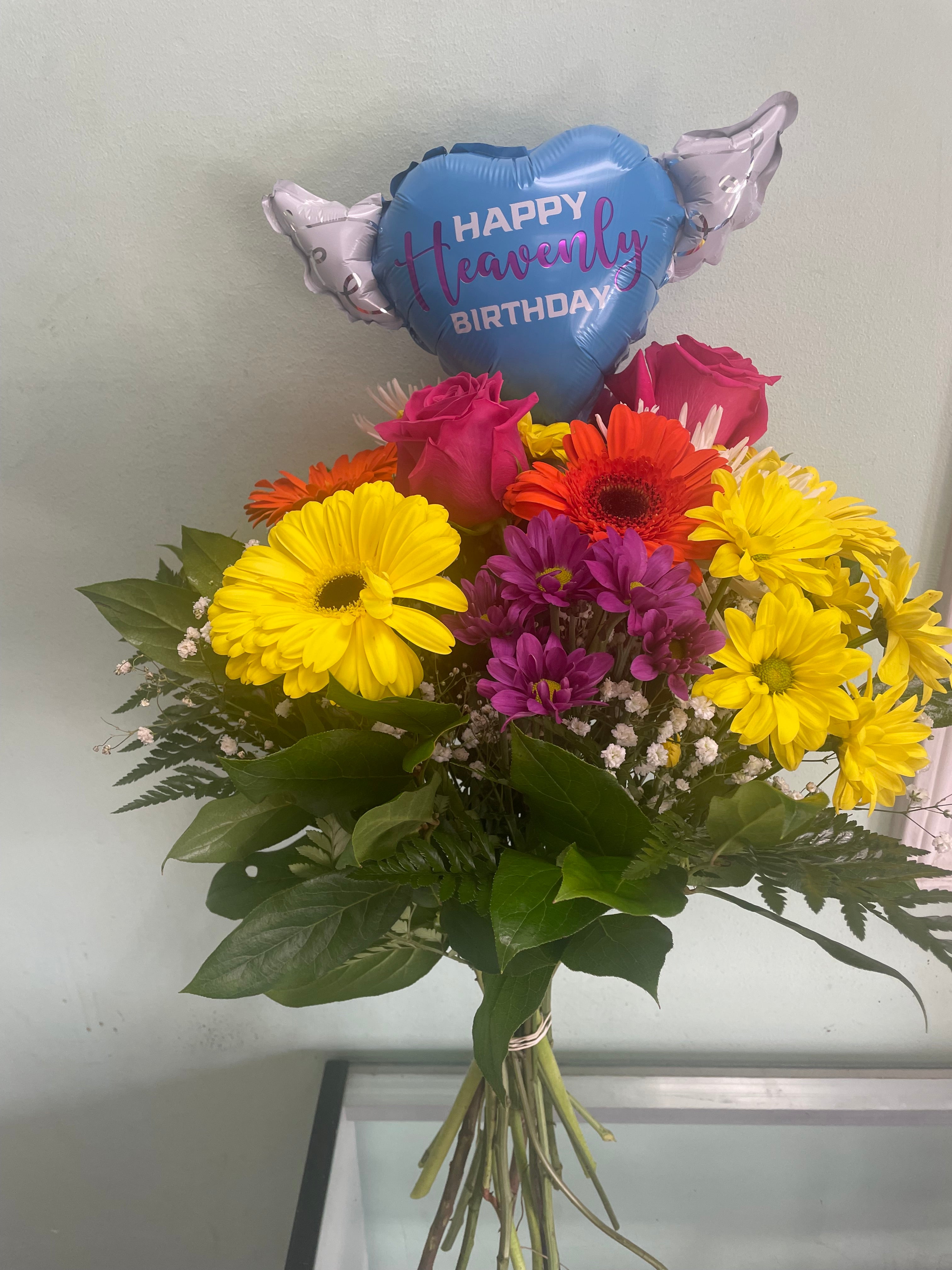 Heavenly Balloons ™ on a Stick Happy HEAVENLY BIRTHDAY blue/purple heart shaped with angel wings