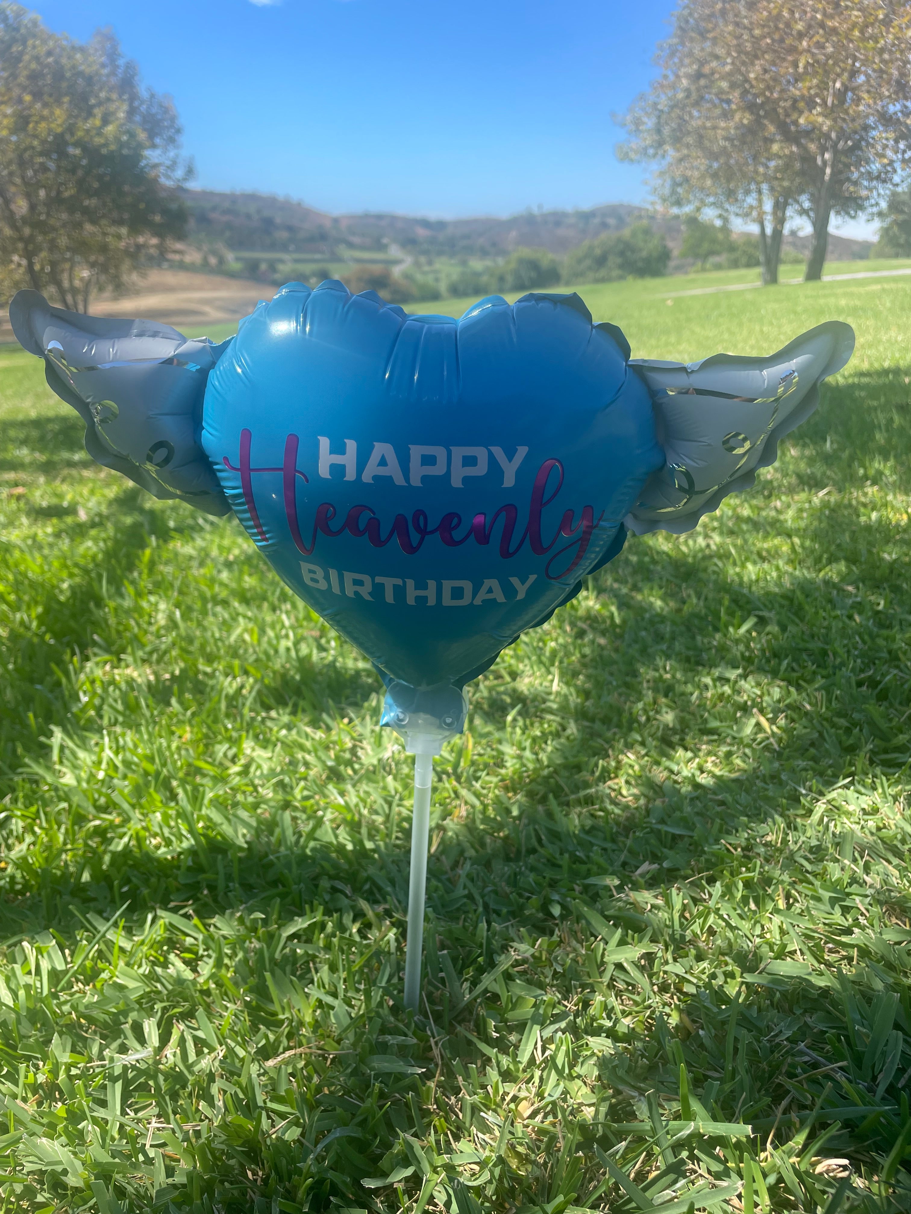 Heavenly Balloons ™ on a Stick Happy HEAVENLY BIRTHDAY blue/purple heart shaped with angel wings