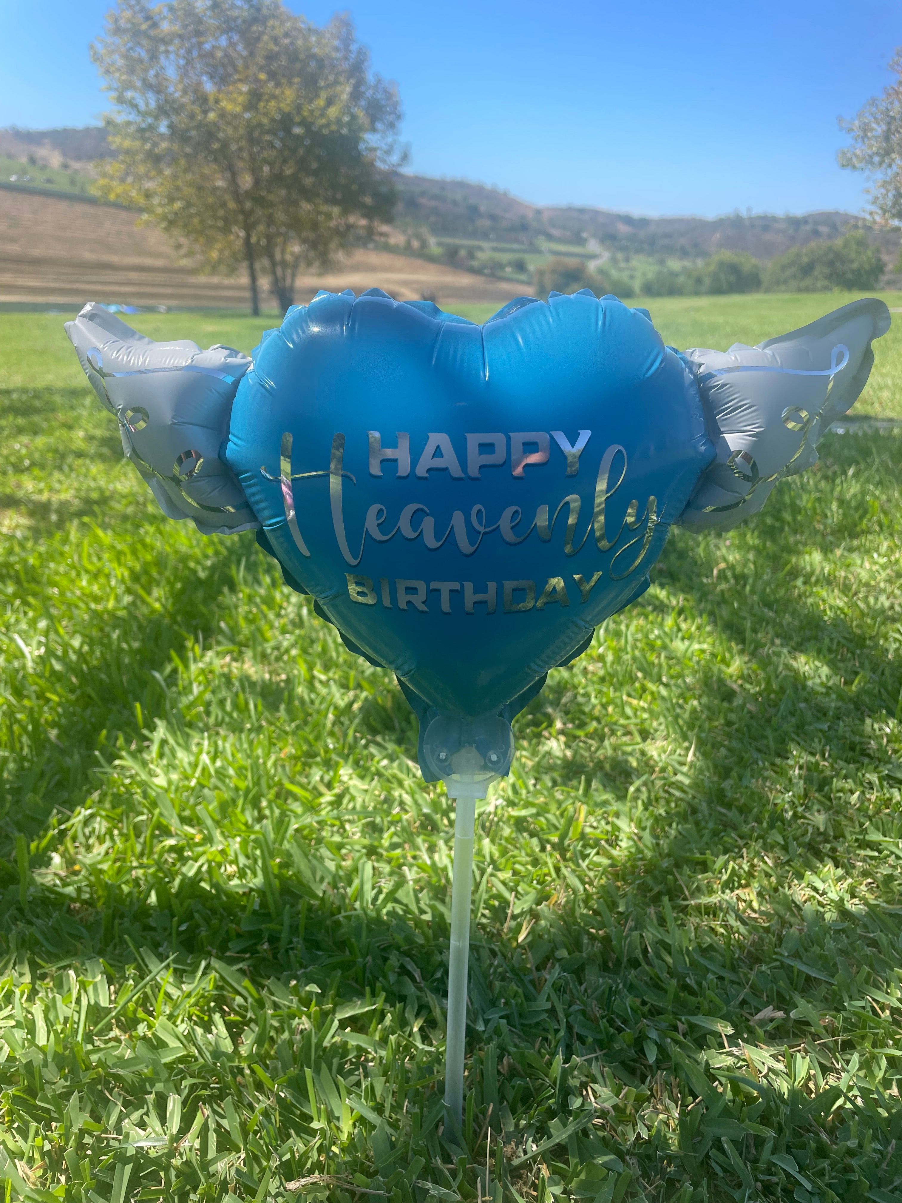 Heavenly Balloons ™ on a Stick Happy HEAVENLY BIRTHDAY blue heart shaped with angel wings