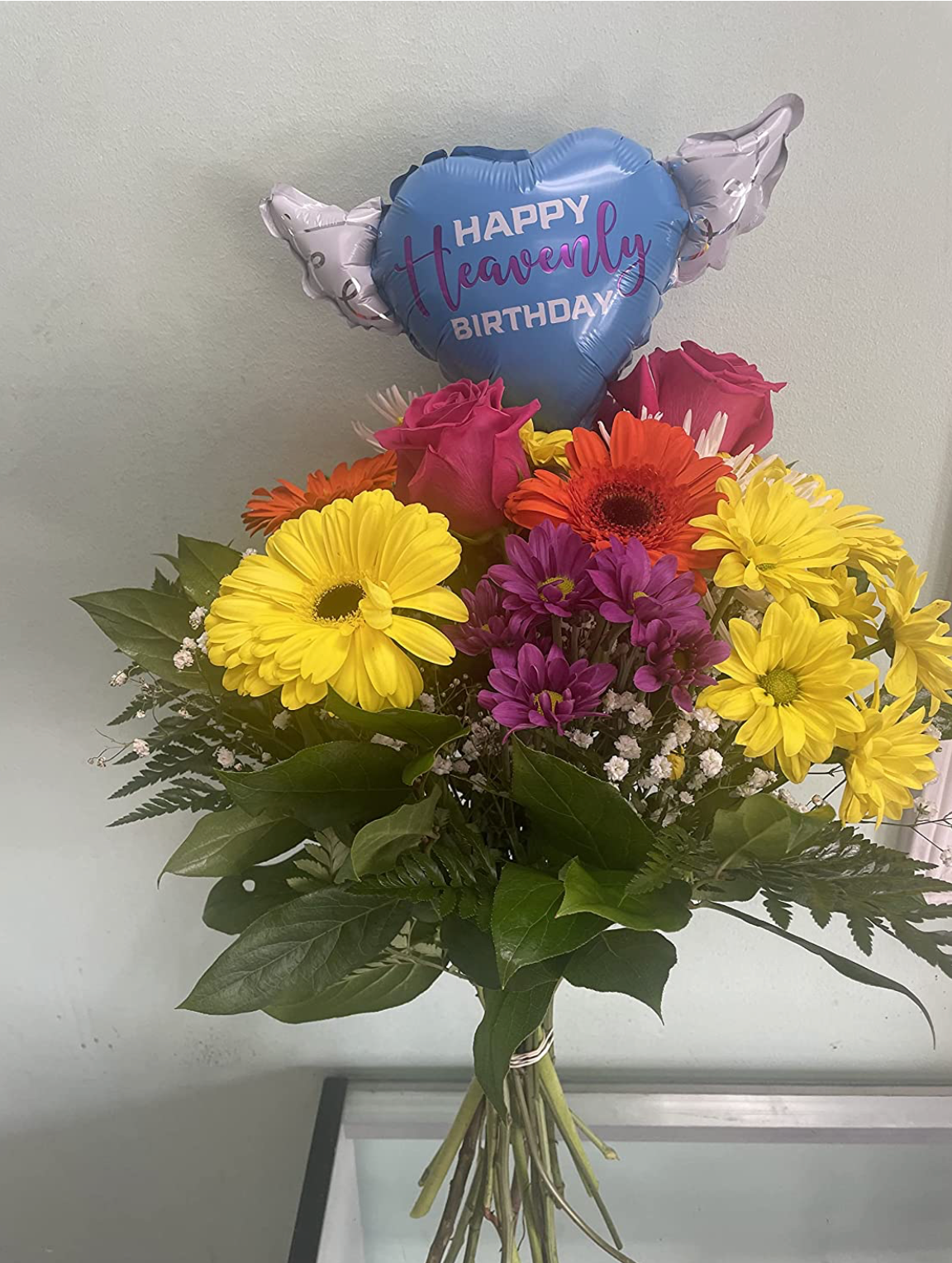 Heavenly Birthday blue/purple balloons on a stick heart shaped with angel wings + bouquet of flowers