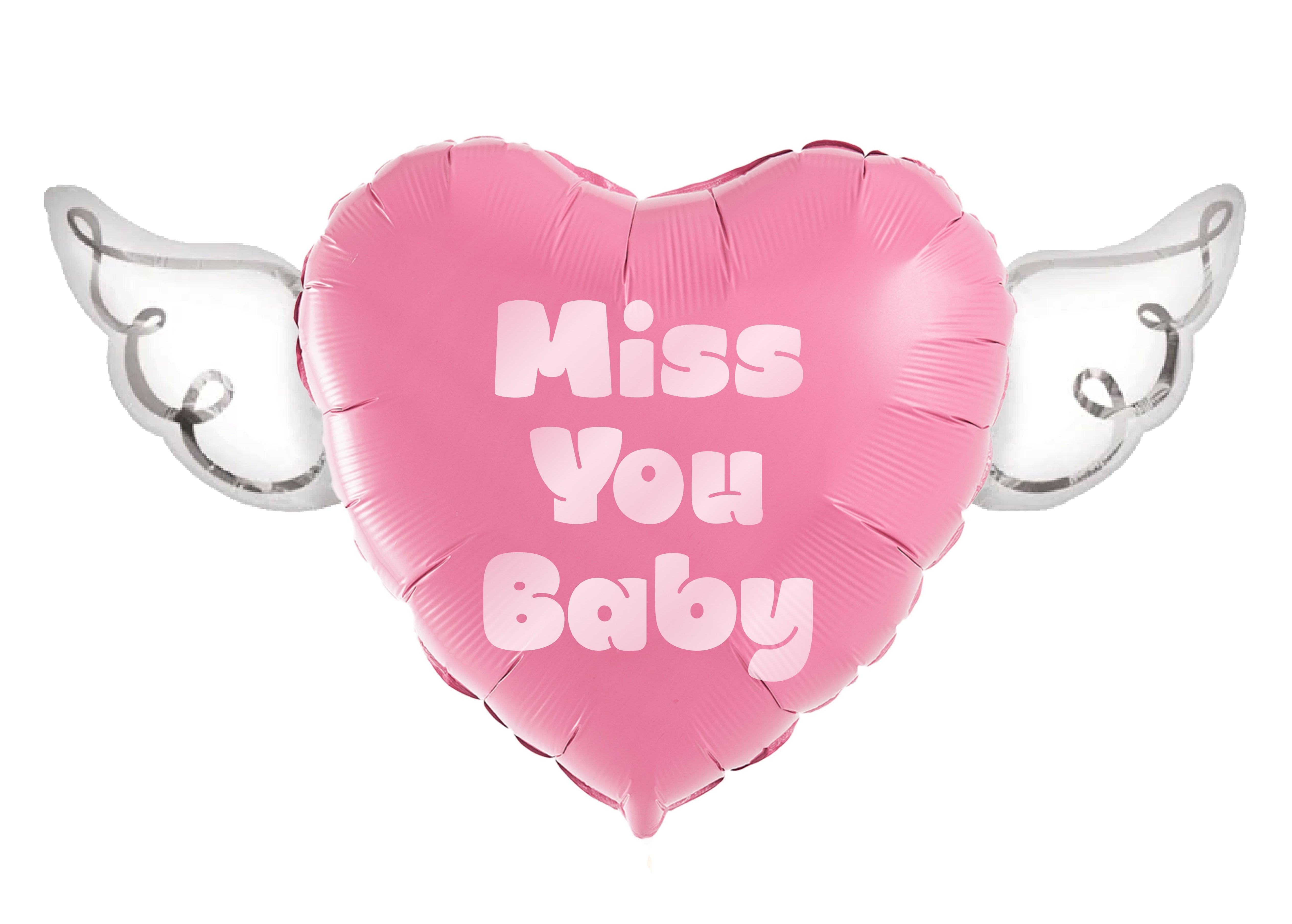 Miss You Baby Memorial Balloon – Heart Shaped with Angel Wings Graveside Tribute