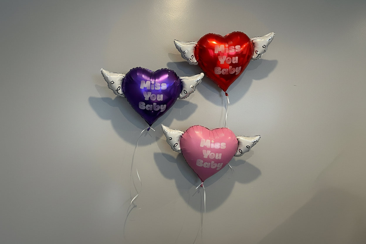 Miss You Baby Memorial Balloon – Heart Shaped with Angel Wings Graveside Tribute