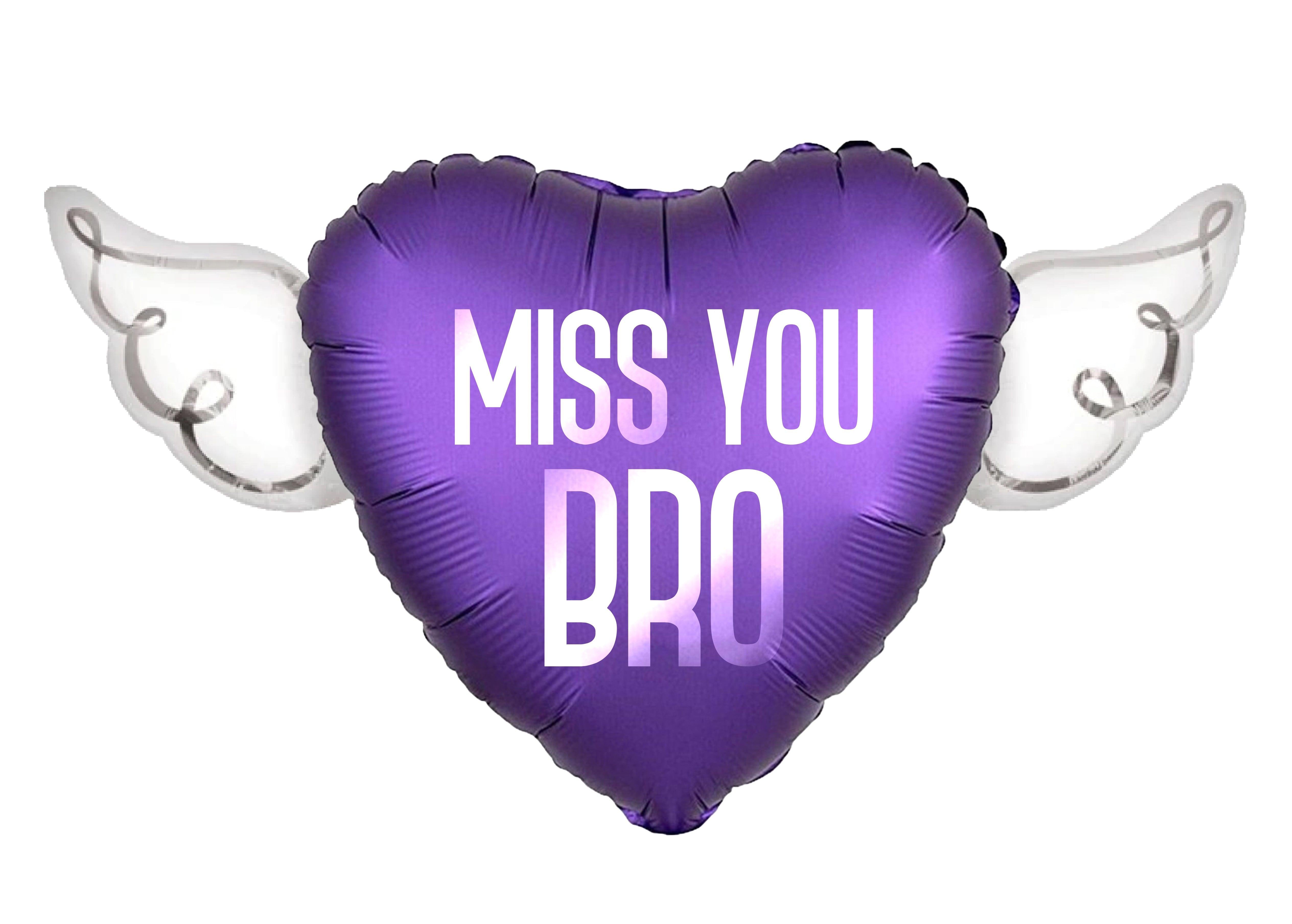 Miss You Bro Memorial Balloon – Heart Shaped with Angel Wings Graveside Tribute