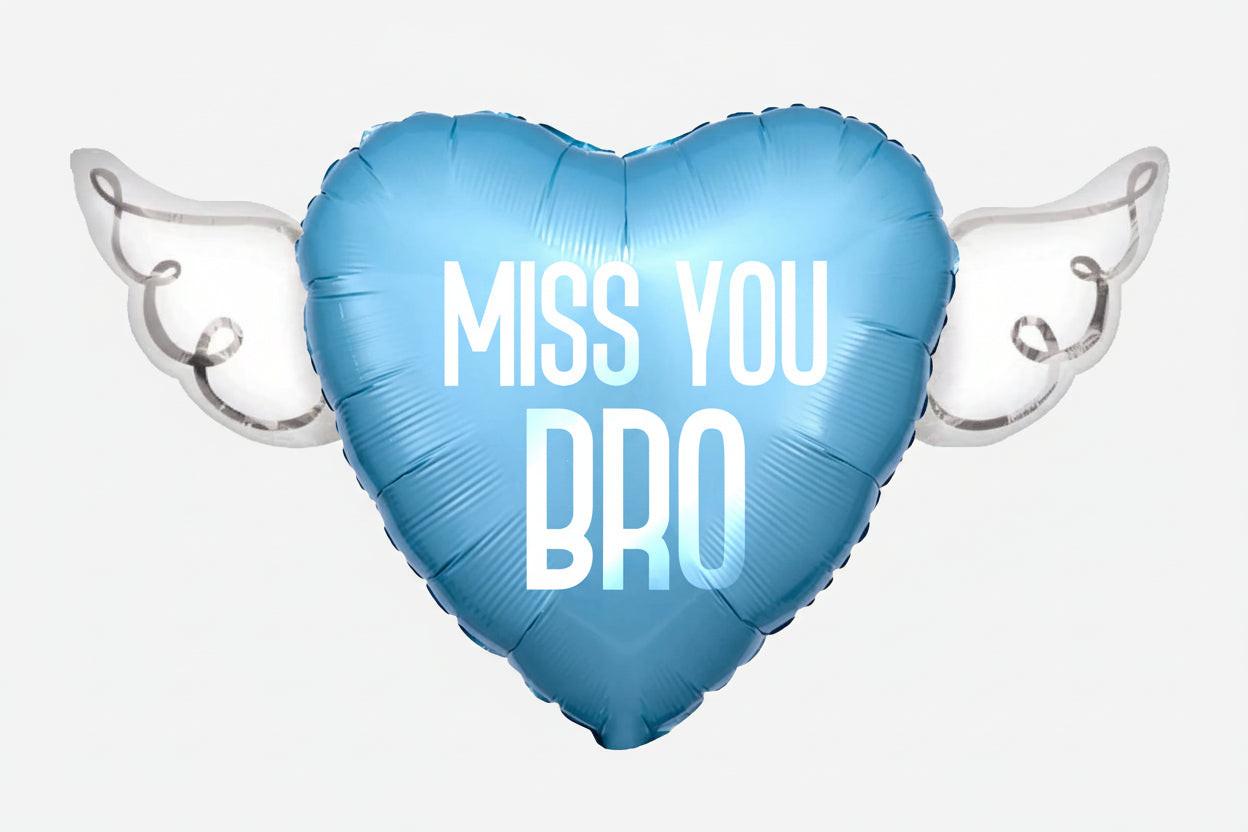 Miss You Bro Memorial Balloon – Heart Shaped with Angel Wings Graveside Tribute