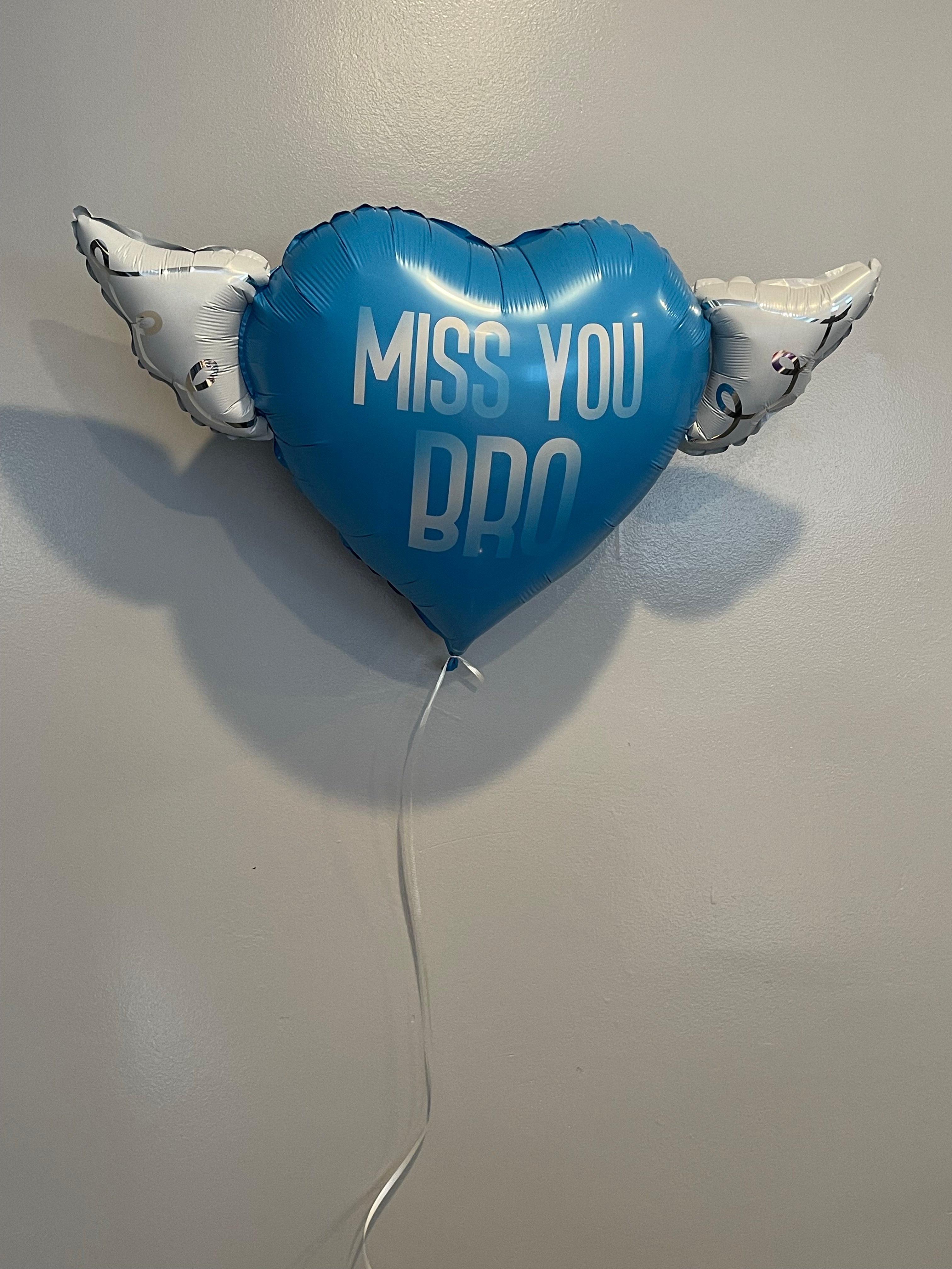 Miss You Bro Memorial Balloon – Heart Shaped with Angel Wings Graveside Tribute