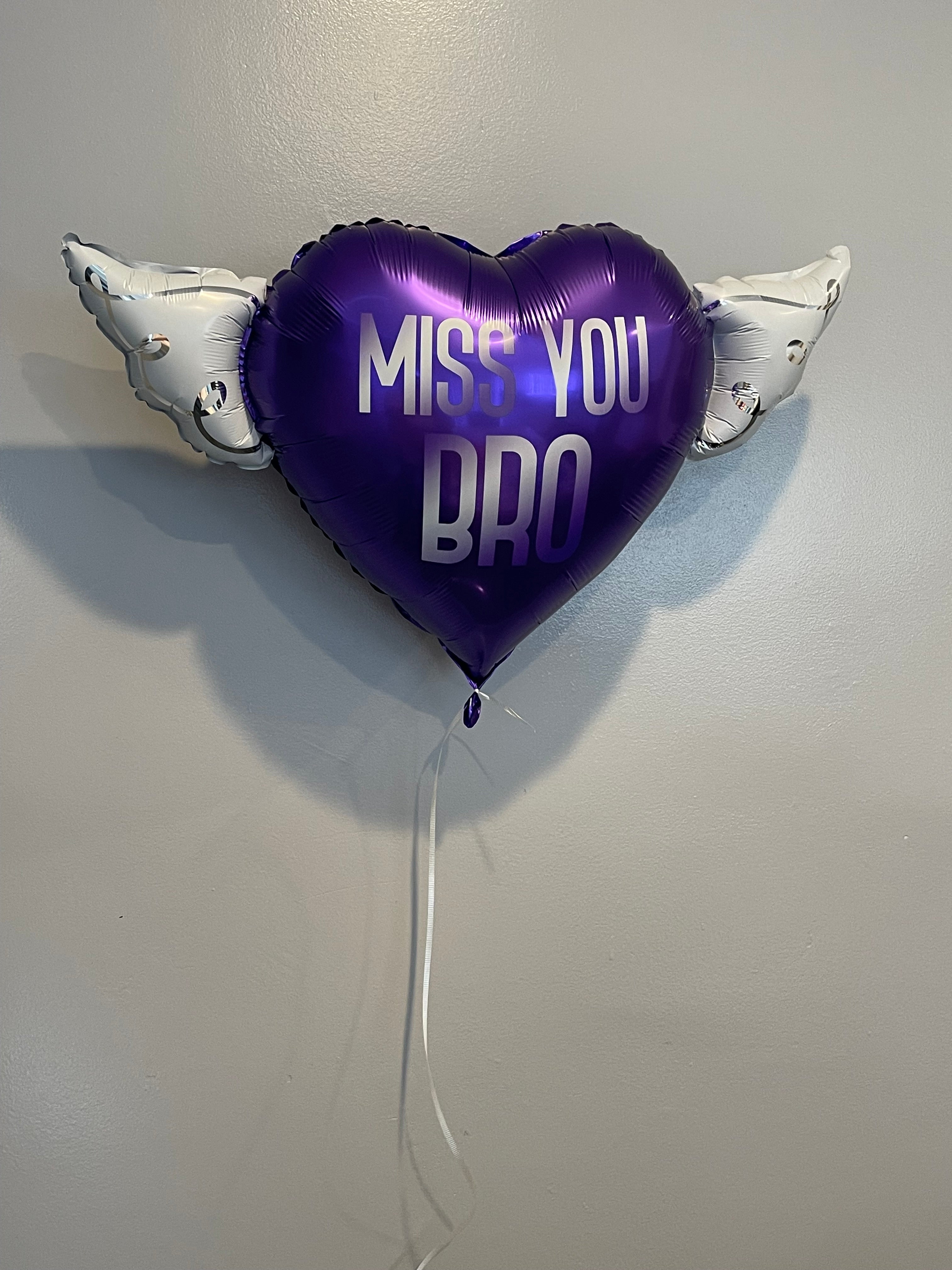 Miss You Bro Memorial Balloon – Heart Shaped with Angel Wings Graveside Tribute
