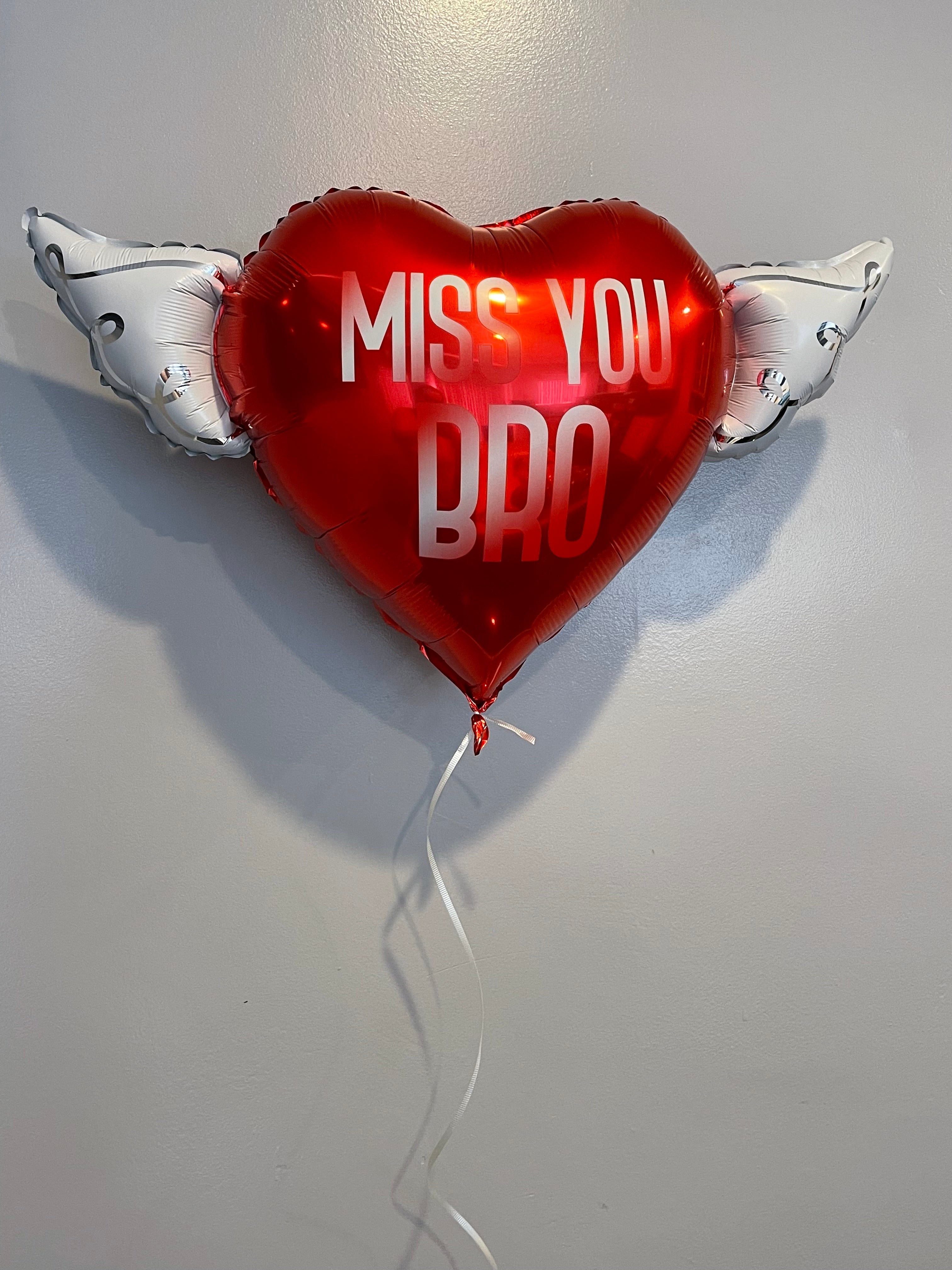 Miss You Bro Memorial Balloon – Heart Shaped with Angel Wings Graveside Tribute