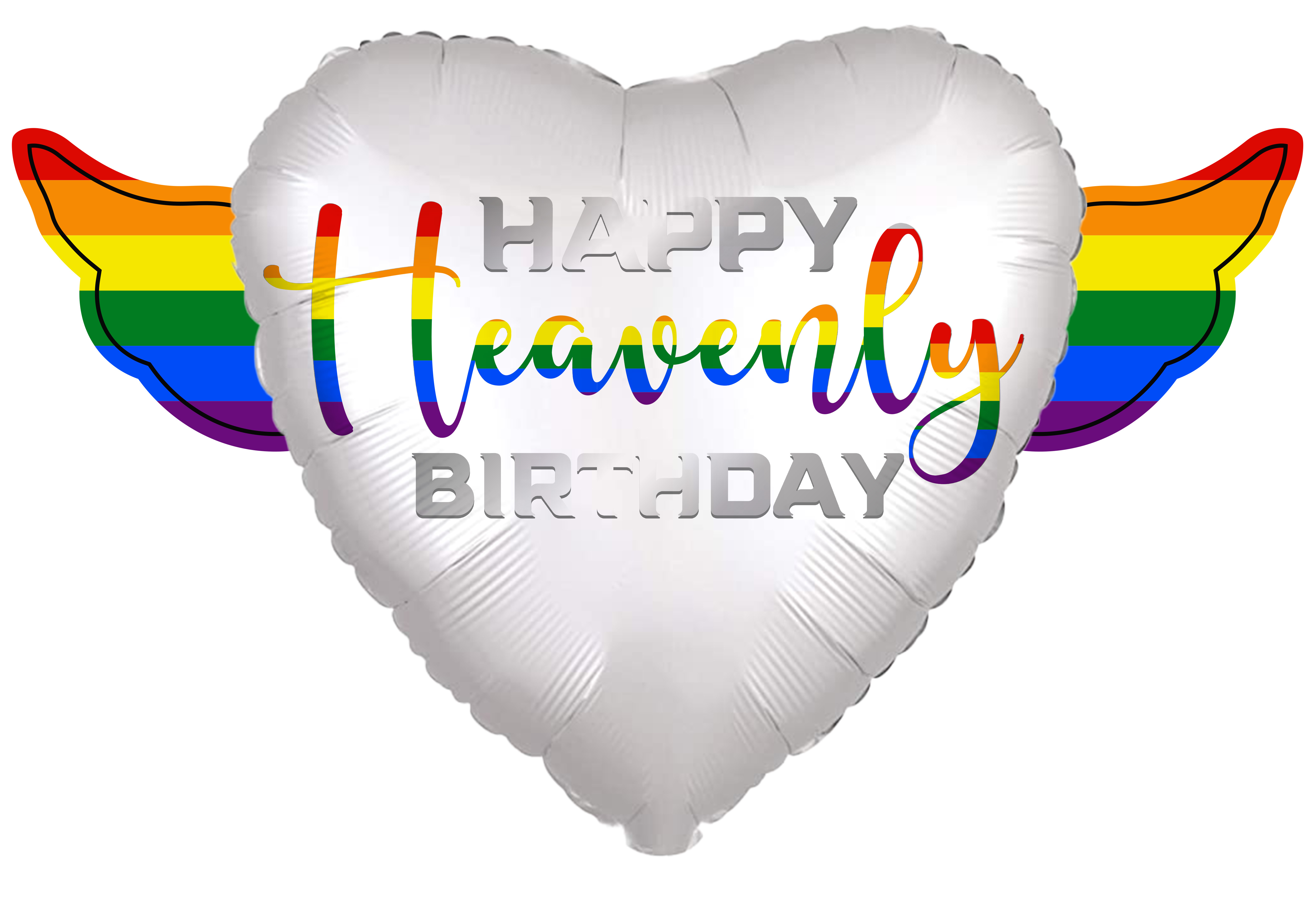 LGBTQ Happy Heavenly Birthday Heart Shaped Balloons with angel wings "Heavenly Colorful"